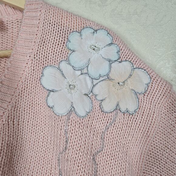 VTG Jaclyn Smith Sweater sz L Pink Embroidered Floral Pearl Embellished Feminine - Picture 6 of 16